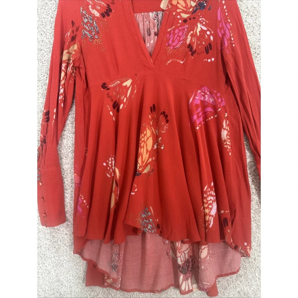 Free‎ People XS Field of Butterflies Red Tunic Mini Dress/Blouse